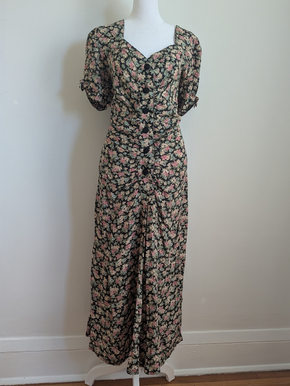 Vintage Shelli Segal Cottagecore Floral Button-Front Midi Dress Pink & Green 12